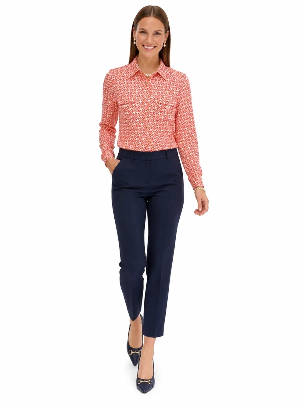 Tory Burch Silk Chain Link Geometric Button Down Blouse Coral Small Pink Career